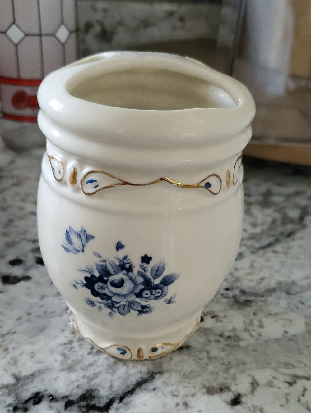 Vintage Blue Floral Ceramic Toothbrush Holder - Gold Trim
